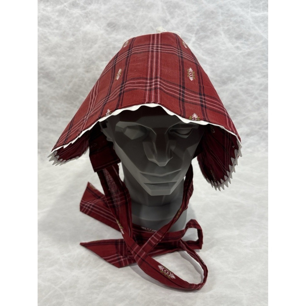 Vintage Handmade Prairie‎ Bonnet Red Plaid Lace Trim Pioneer Style Costume